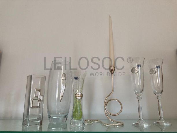 Conjuntos de copos de cristal + Jarras e castiçal de cristal