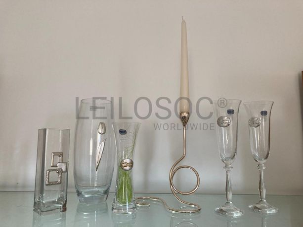 Conjuntos de copos de cristal + Jarras e castiçal de cristal